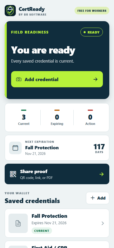 CertReady free worker app readiness screen