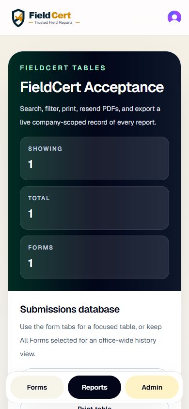 FieldCert mobile reports database showing searchable submitted reports