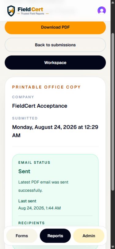 FieldCert mobile submission record with PDF download and email delivery status