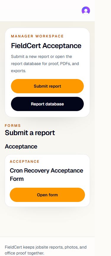 FieldCert mobile company workspace showing report and team access